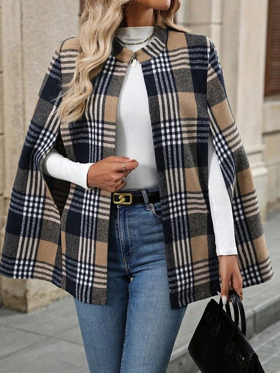 Multicolor Casual Women's Elegant Plaid Hooded Cloak Coat - Picture 6 of 6